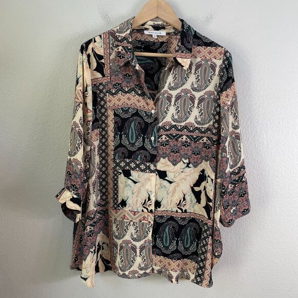 Rose + Olive Womens Plus 1X Boho Patterned Blouse 3/4 Sleeve Button Up Shirt Top - Picture 7 of 11